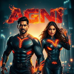 A cinematic sci-fi futuristic action film poster featuring an Indian man and woman, both with dark complexions, adorned in modern superhero costumes that glimmer with hints of fire