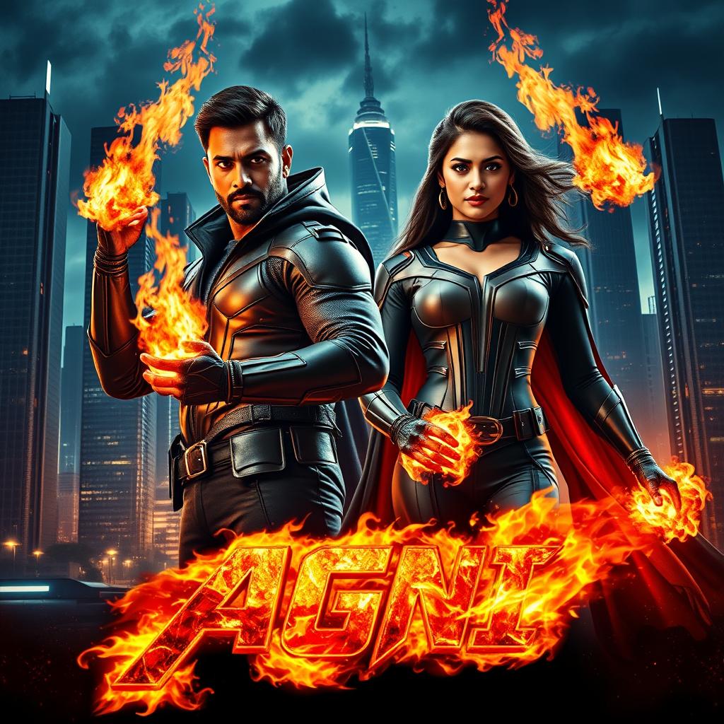 A dynamic cinematic sci-fi action film poster titled 'AGNI', featuring an Indian dark-skinned man and woman dressed in modern superhero costumes