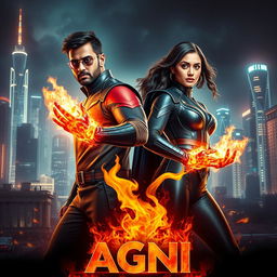 A dynamic cinematic sci-fi action film poster titled 'AGNI', featuring an Indian dark-skinned man and woman dressed in modern superhero costumes