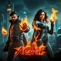 A dynamic cinematic sci-fi action film poster titled 'AGNI', featuring an Indian dark-skinned man and woman dressed in modern superhero costumes