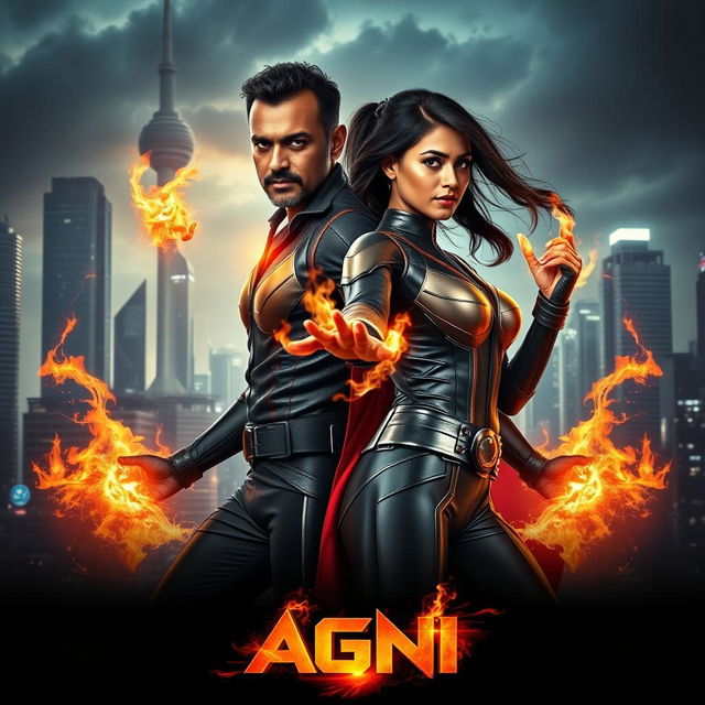 A dynamic cinematic sci-fi action film poster titled 'AGNI', featuring an Indian dark-skinned man and woman dressed in modern superhero costumes