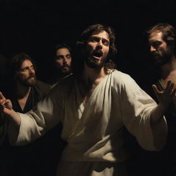 Generate an image in the style of Caravaggio, picturing the moment when Christ resurrects Lazarus. Use dramatic chiaroscuro lighting to emphasize their figures and the awe-inspiring moment of resurrection.