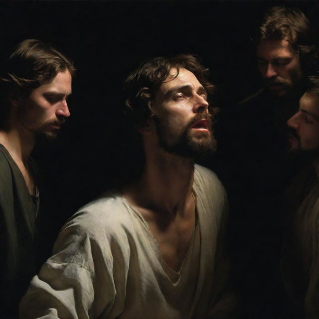 Generate an image in the style of Caravaggio, picturing the moment when Christ resurrects Lazarus. Use dramatic chiaroscuro lighting to emphasize their figures and the awe-inspiring moment of resurrection.