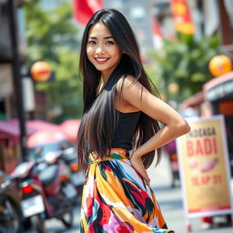 A stunning Indonesian-Japanese woman wearing a stylish skirt, exuding confidence and allure