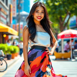 A stunning Indonesian-Japanese woman wearing a stylish skirt, exuding confidence and allure