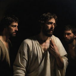 Generate an image in the style of Caravaggio, picturing the moment when Christ resurrects Lazarus. Use dramatic chiaroscuro lighting to emphasize their figures and the awe-inspiring moment of resurrection.