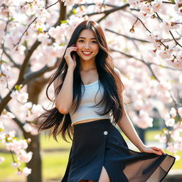 A beautiful Japanese woman wearing a stylish skirt that accentuates her figure