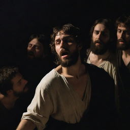 Generate an image in the style of Caravaggio, picturing the moment when Christ resurrects Lazarus. Use dramatic chiaroscuro lighting to emphasize their figures and the awe-inspiring moment of resurrection.