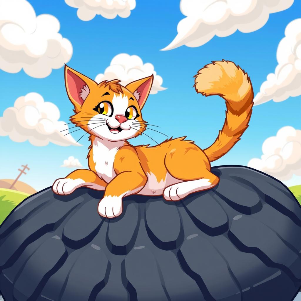 A cartoon-style illustration of a relaxed cat lying on a tire, showcasing its playful and whimsical nature