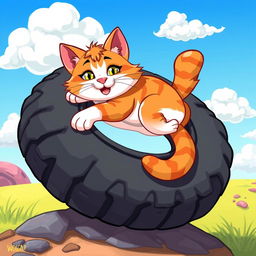 A cartoon-style illustration of a relaxed cat lying on a tire, showcasing its playful and whimsical nature