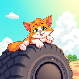 A cartoon-style illustration of a relaxed cat lying on a tire, showcasing its playful and whimsical nature