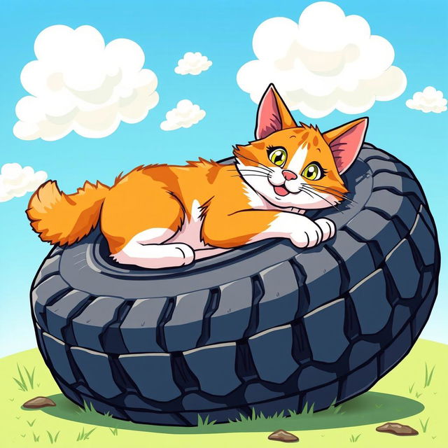 A cartoon-style illustration of a relaxed cat lying on a tire, showcasing its playful and whimsical nature