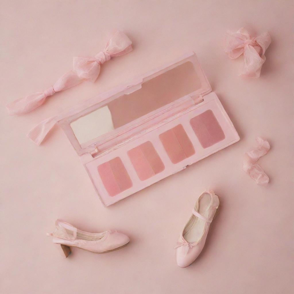 A delicate ballet-inspired makeup product. Envision blush in soft pink hues, eyeshadow palettes resembling a dancer's costume colors, and packaging adorned with elegant ballet shoes and tutus.