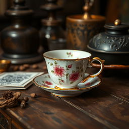 A delicate, hand-painted Oriental-style espresso cup, featuring intricate floral patterns and subtle gold accents