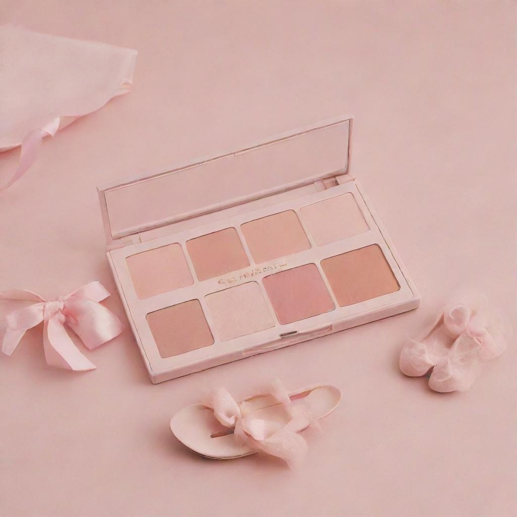 A delicate ballet-inspired makeup product. Envision blush in soft pink hues, eyeshadow palettes resembling a dancer's costume colors, and packaging adorned with elegant ballet shoes and tutus.