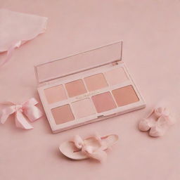 A delicate ballet-inspired makeup product. Envision blush in soft pink hues, eyeshadow palettes resembling a dancer's costume colors, and packaging adorned with elegant ballet shoes and tutus.