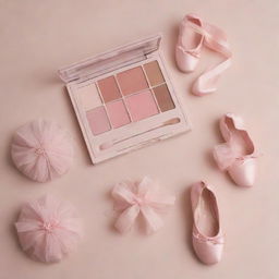 A delicate ballet-inspired makeup product. Envision blush in soft pink hues, eyeshadow palettes resembling a dancer's costume colors, and packaging adorned with elegant ballet shoes and tutus.