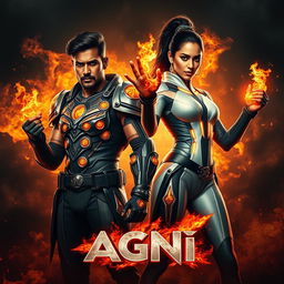 A striking cinematic action film poster titled 'AGNI' featuring a dark-skinned Indian man and woman in modern superhero sci-fi costumes, embodying the powers of burning fire