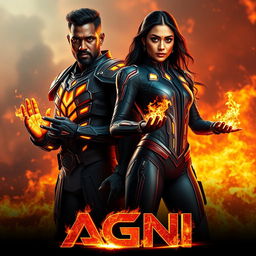 A striking cinematic action film poster titled 'AGNI' featuring a dark-skinned Indian man and woman in modern superhero sci-fi costumes, embodying the powers of burning fire