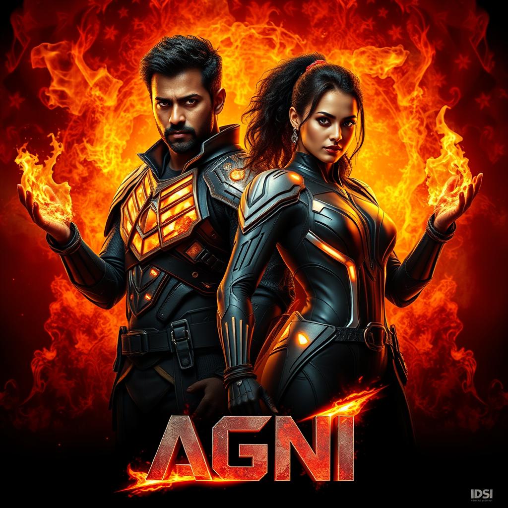 A striking cinematic action film poster titled 'AGNI' featuring a dark-skinned Indian man and woman in modern superhero sci-fi costumes, embodying the powers of burning fire