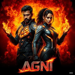 A striking cinematic action film poster titled 'AGNI' featuring a dark-skinned Indian man and woman in modern superhero sci-fi costumes, embodying the powers of burning fire