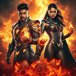 A striking cinematic action film poster titled 'AGNI' featuring a dark-skinned Indian man and woman in modern superhero sci-fi costumes, embodying the powers of burning fire