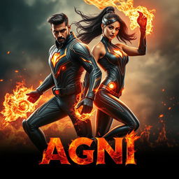 A captivating cinematic sci-fi action film poster titled 'AGNI' featuring a dark-skinned Indian man and woman in modern superhero costumes