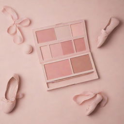 A delicate ballet-inspired makeup product. Envision blush in soft pink hues, eyeshadow palettes resembling a dancer's costume colors, and packaging adorned with elegant ballet shoes and tutus.