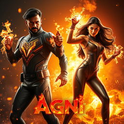 A captivating cinematic sci-fi action film poster titled 'AGNI' featuring a dark-skinned Indian man and woman in modern superhero costumes