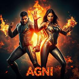 A captivating cinematic sci-fi action film poster titled 'AGNI' featuring a dark-skinned Indian man and woman in modern superhero costumes