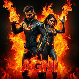 A captivating cinematic sci-fi action film poster titled 'AGNI' featuring a dark-skinned Indian man and woman in modern superhero costumes