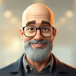 A 3D illustration of a bald man with a beard, wearing glasses