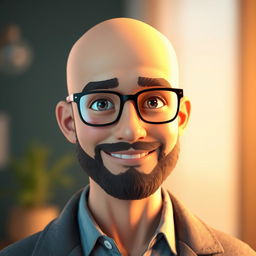 A 3D illustration of a bald man with a beard, wearing glasses