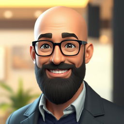 A 3D illustration of a bald man with a beard, wearing glasses