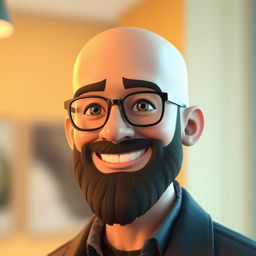 A 3D illustration of a bald man with a beard, wearing glasses