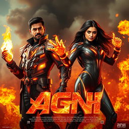 An exhilarating cinematic sci-fi action film poster titled 'AGNI' featuring a dark-skinned Indian man and woman wearing modern superhero costumes that harness the powers of burning fire