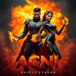 An exhilarating cinematic sci-fi action film poster titled 'AGNI' featuring a dark-skinned Indian man and woman wearing modern superhero costumes that harness the powers of burning fire