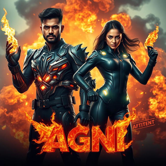 An exhilarating cinematic sci-fi action film poster titled 'AGNI' featuring a dark-skinned Indian man and woman wearing modern superhero costumes that harness the powers of burning fire