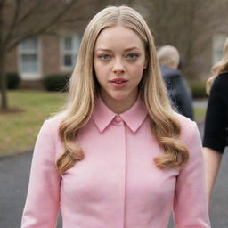 Amanda Seyfried reimagined as Regina George from Mean Girls. She's wearing Regina's signature classist pink attire, and her blonde hair is styled like Regina's. Expression of high school disdain and confidence on her face.