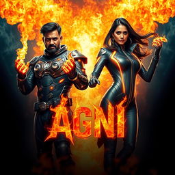 An exhilarating cinematic sci-fi action film poster titled 'AGNI' featuring a dark-skinned Indian man and woman wearing modern superhero costumes that harness the powers of burning fire