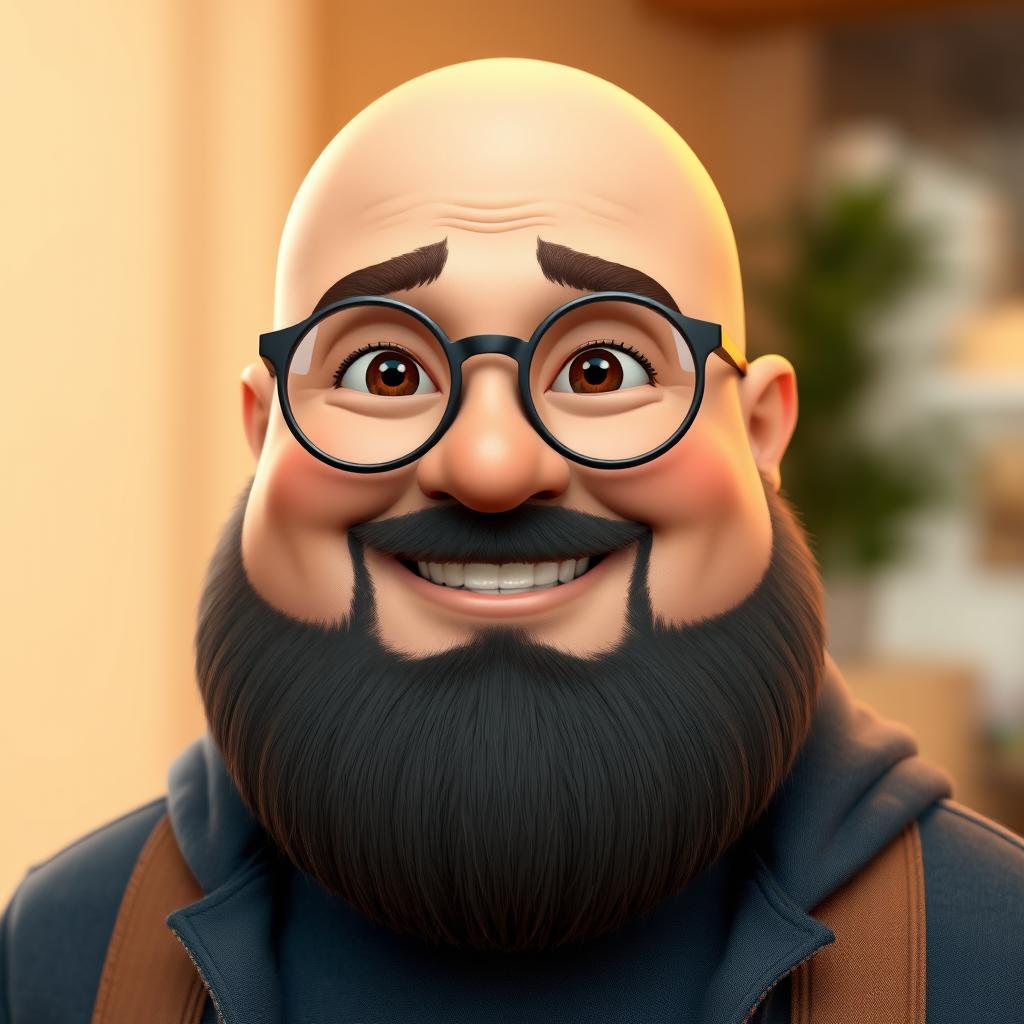 A 3D illustration of a chubby bald man with a beard, wearing glasses