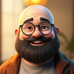 A 3D illustration of a chubby bald man with a beard, wearing glasses