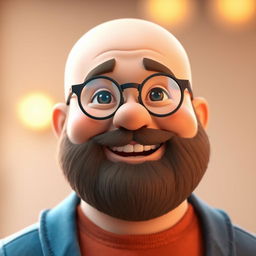 A 3D illustration of a chubby bald man with a beard, wearing glasses