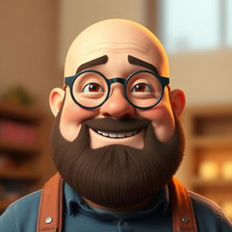 A 3D illustration of a chubby bald man with a beard, wearing glasses