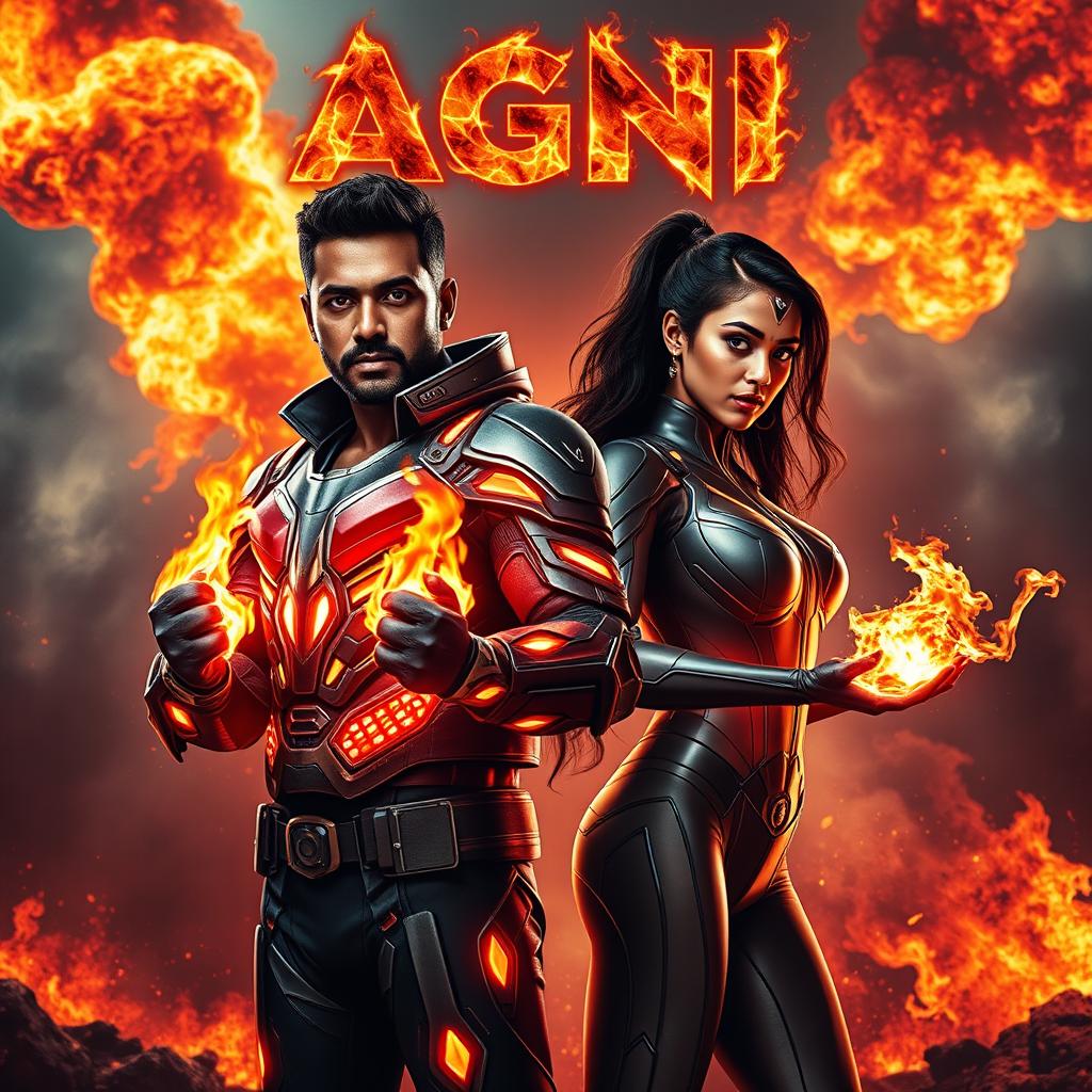 An electrifying cinematic sci-fi action film poster titled 'AGNI' featuring a dark-skinned Indian man and woman adorned in modern superhero costumes, showcasing their powers of burning fire