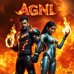 An electrifying cinematic sci-fi action film poster titled 'AGNI' featuring a dark-skinned Indian man and woman adorned in modern superhero costumes, showcasing their powers of burning fire