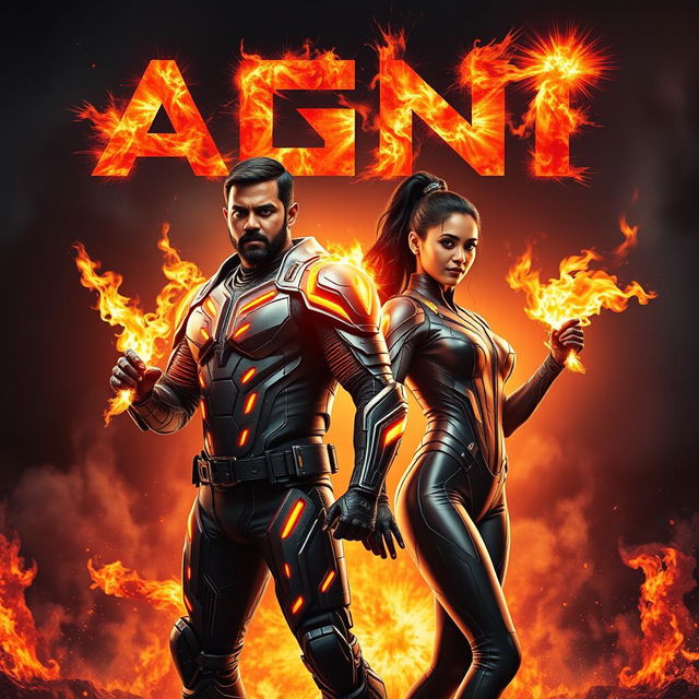 An electrifying cinematic sci-fi action film poster titled 'AGNI' featuring a dark-skinned Indian man and woman adorned in modern superhero costumes, showcasing their powers of burning fire