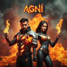 An electrifying cinematic sci-fi action film poster titled 'AGNI' featuring a dark-skinned Indian man and woman adorned in modern superhero costumes, showcasing their powers of burning fire