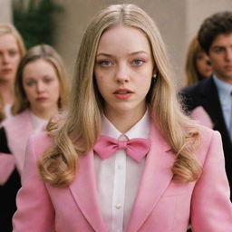 Amanda Seyfried reimagined as Regina George from Mean Girls. She's wearing Regina's signature classist pink attire, and her blonde hair is styled like Regina's. Expression of high school disdain and confidence on her face.