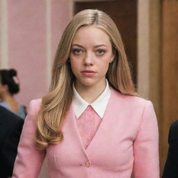 Amanda Seyfried reimagined as Regina George from Mean Girls. She's wearing Regina's signature classist pink attire, and her blonde hair is styled like Regina's. Expression of high school disdain and confidence on her face.